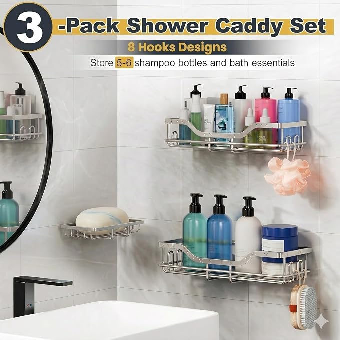 OMAIRA 3-Pack Shower Caddy with Soap Holder, Adhesive Rustproof No-drill Strudy Loading Inside Shower Organizer Shelves Rack Storage Bathroom Organization for Smooth Wall Glass Tile, Sliver (Large) - Image 3