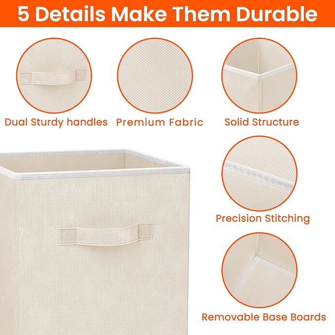 Criusia Storage Cubes - 11 Inch Heavy Duty Fabric Storage Bins for Shelves Closet Cube Organizer - 8 Pack Collapsible Cube Storage Bins Baskets for Clothes Blankets Toys - Nursery Organization (Beige) - Image 3