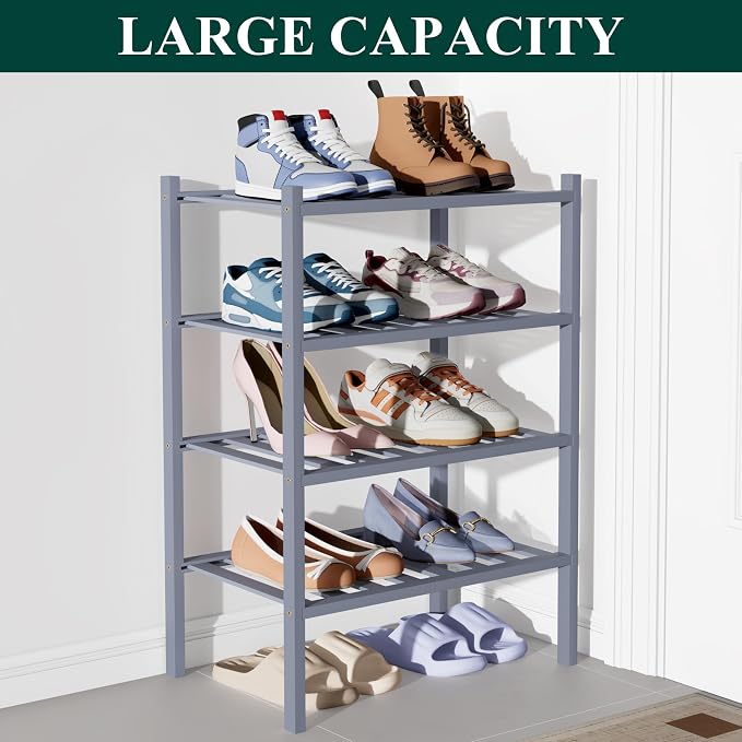 Smiry Bamboo Shoe Rack for Closet, 4 Tier Small Wooden Stackable Shoe Organizer, Free Standing Shoes Storage Shelf for Entryway, Front Door Entrance, Grey - Image 5