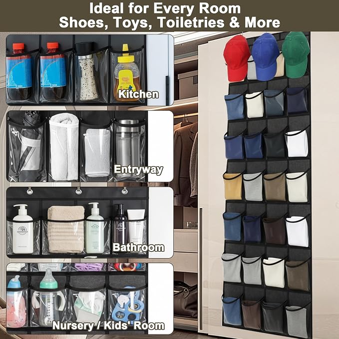 Over the Door Shoe Organizer - Space Saving Shoe Rack for Closet Door with 24 Crystal Clear Pockets and Metal Hooks, Shoe Holder Back of Door Organizers for Shoes, Hanging Shoe Organizer (Black) - Image 3