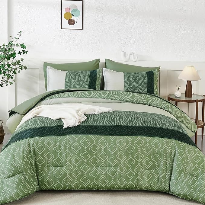 Dinjoy Queen Comforter Set Green, 7 Piece Boho Bed in a Bag Queen Size Striped Fall Bedding Sets Comforters with Plaid Bed Set with Sheets for Women Family