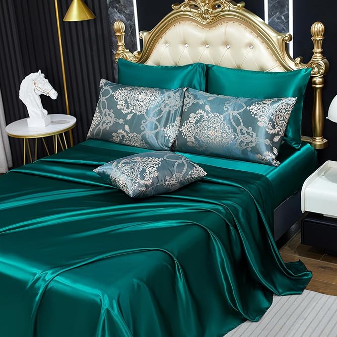 Green Jacquard Queen Comforter Set Sheet Set Elegant Bedding Set 8 Pcs Embroidery Neoclassical Floral Pattern Bed Home Decor Soft Down Comforter Luxury Hotel Silky Bed in a Bag with 1 Cushion Cover