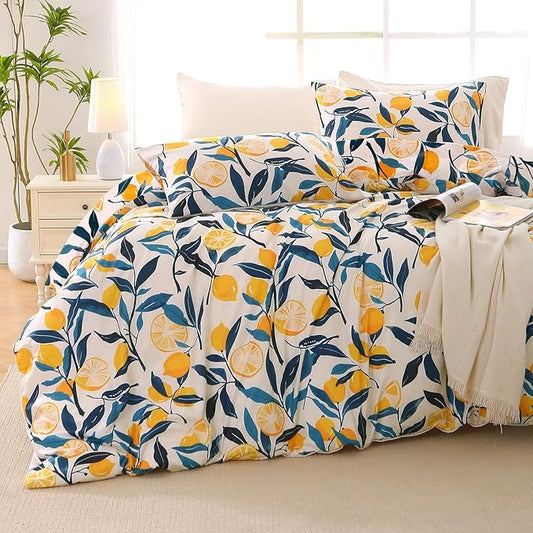 MUXHOMO Lemon Blossom Full Comforter Set, Elegant Floral Print Bed in a Bag 7 Pieces, Ultra Soft & Breathable Reversible Botanical Pattern Bedding Set with Comforter, Sheets, Pillowcases, and Shams