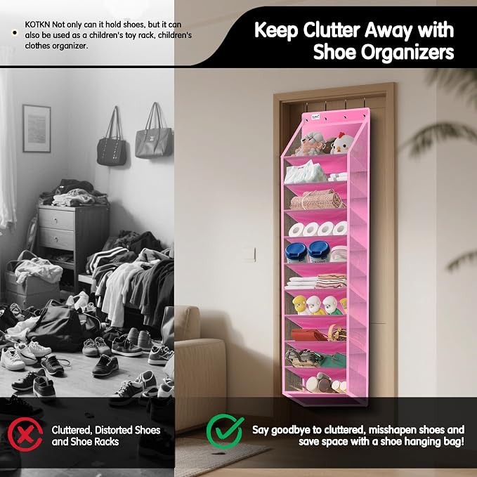 Kotkn 10 Tier Over The Door Organizer - Heavy Duty Hanging Storage Rack with Sturdy Oxford Fabric, Holds 20+ Pairs of Footwear, Boots & Sneakers, Saves 50% Closet Space! (Pink) - Image 6