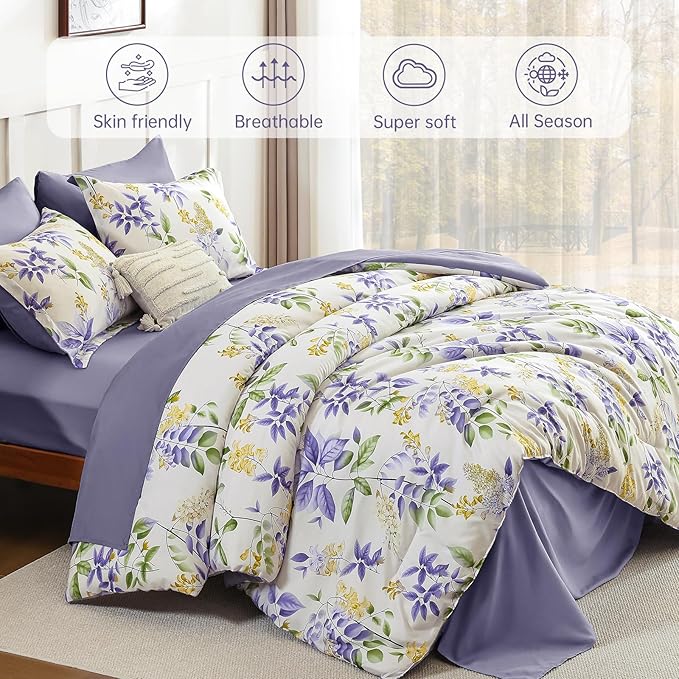 Cottolester Queen Comforter Set- 7 Pieces Floral Comforter Bed in A Bag,Purple Green Botanical Comforter Set with Pillowcases,Soft Microfiber Complete Bedding Sets for All Season