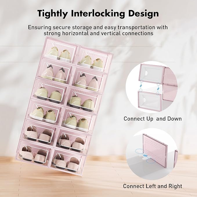 Foluck Shoe Storage Box, 15 Pack Clear Plastic Stackable Shoe Organizer for Closet, Interlocking Design Shoe Container Bins for Sneakers, Foldable Shoe Rack with Lids, Pink - Image 3