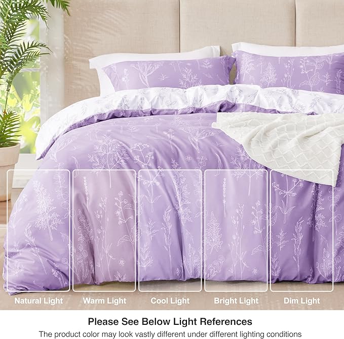 Love's cabin Lavender Comforter Set Queen - Queen Size Comforter Set, 3 Pieces Cute Floral Bedding Sets for All Seasons,1 Soft Reversible Botanical Flowers Comforter and 2 Pillow Shams