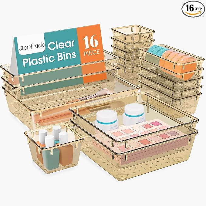 StorMiracle 16 PCS Drawer Organizer Set, 5 Varied Size Bathroom and kitchen Drawer cabinet organizer Trays, Clear Storage Bins for Makeup, Jewelry, Utensils and Gadgets, Champagne by StorMiracle