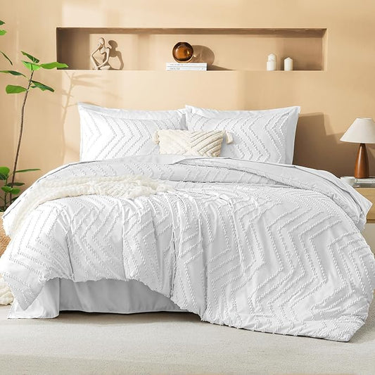 Litanika White Comforter Full Size Set with Sheets - 7 Pieces Boho Bed in a Bag Chevron Tufted Complete Bedding Sets Lightweight All Season Bed Set with Comforter, Sheets, Pillowcases & Shams