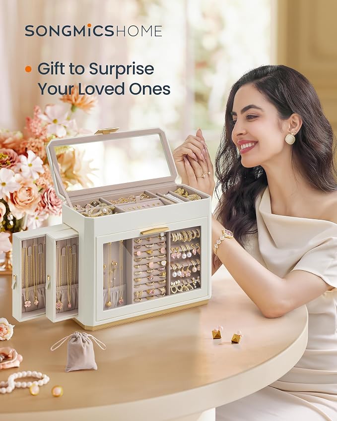 SONGMICS HOME Large Jewelry Box, Vertical Jewelry Organizer with Glass Windows, Jewelry Pouch, 4 Side Drawers, Woven Embossed PU Leather, Gift Idea, Cloud White UJBC203W01 - Image 2