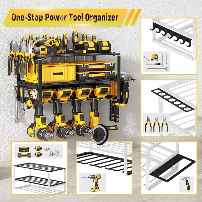 Hipidian Power Tool Organizer Wall Mount - Storage Rack with 4 Drill Holders for Drills Cordless Tools. Heavy Duty Iron Garage Tool Organizer Storage for Workshop Shed (4 Slots 3 Layers) - Image 4