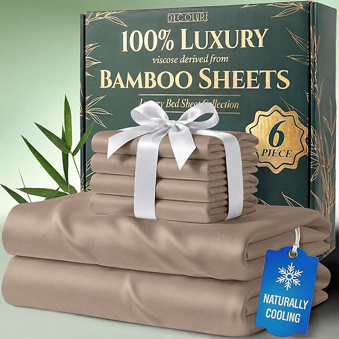 DECOLURE 100% Viscose Derived from Bamboo Sheets Queen Size - Luxury 6 Pc Naturally Cooling Sheets, Ultra Soft Bed Set - Deep 17" Pockets, Durable Double Stitching, Oeko Tex Standard (Taupe)
