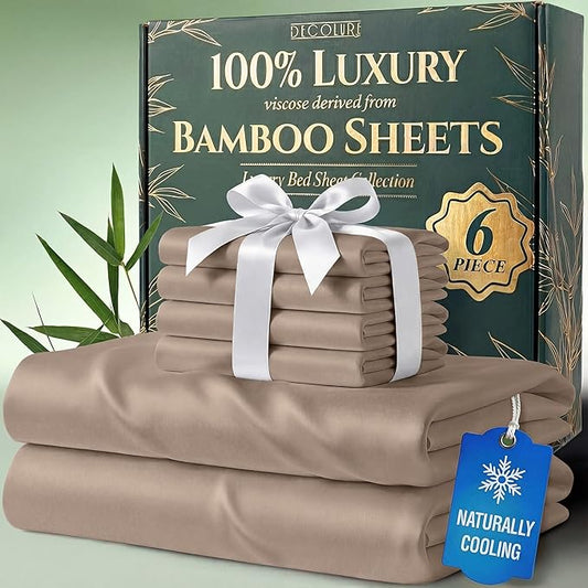 DECOLURE 100% Viscose Derived from Bamboo Sheets King Size - Luxury 6 Pc Naturally Cooling Sheets, Ultra Soft Bed Set - Deep 17" Pockets, Durable Double Stitching, Oeko Tex Standard (Taupe)