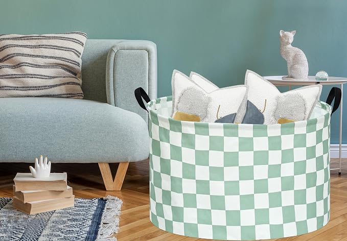 MAIZMZ Sage Checkered Storage Basket Extra Large 80L Kids Hamper Baby Laundry Basket Waterproof Toys Car Organizer Collapsible Canvas for Home/Dorm/Pet/Office/Closet/Shelf/Gift Baskets - Image 3