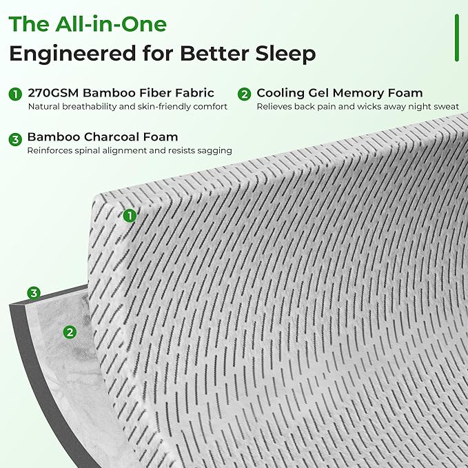 Bamboo Mattress Topper Full Size 4 Inch, Cooling Gel & Bamboo Charcoal Memory Foam Mattress Topper for Back Pain Relief, Firm Dual-Layer Foam Bed Pad with Removable Cover