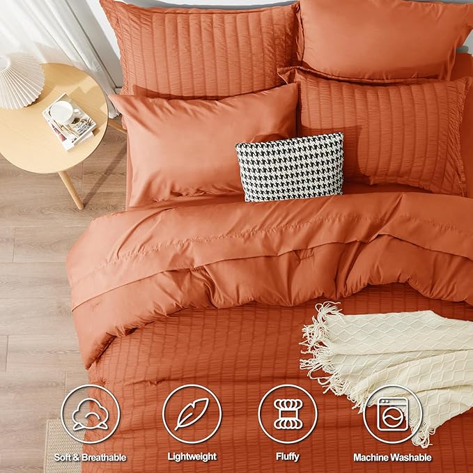CozyLux Queen Comforter Set Burnt Orange Seersucker 7 Pieces Bed in a Bag Queen Comforter Set with Sheets, Terracotta Luxury Bedding Sets with Down Alternative Comforter, Sheets, Pillowcases & Shams