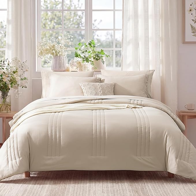 Monbix Twin XL Size Comforter Set - Extra Long 5 Pieces Dorm Bedding Sets, Quilting Design Fluffy Bed in a Bag Twin XL with Sheets, Pillowcase & Sham(Apricot Beige)
