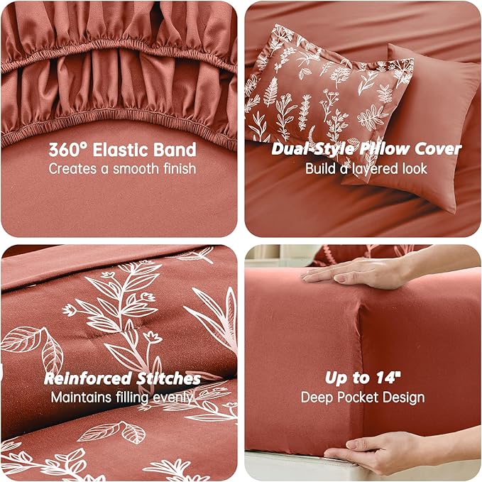 MUXHOMO Terracotta Bed in a Bag Queen 7 Pieces, Queen Comforter Set Reversible Botanical Flowers Design, Ultra Soft & Breathable Bedding Sets with Comforter, Sheets, Pillowcases & Shams