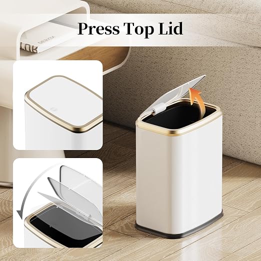 2.1 Gallon Bathroom Trash Can with Lid Press Top, 8 Liter Stainless Steel Garbage Can with Press Type Lid, Slim Trash Bin Waste Basket for Toilet, Office, Bedroom, Living Room (White) - Image 3