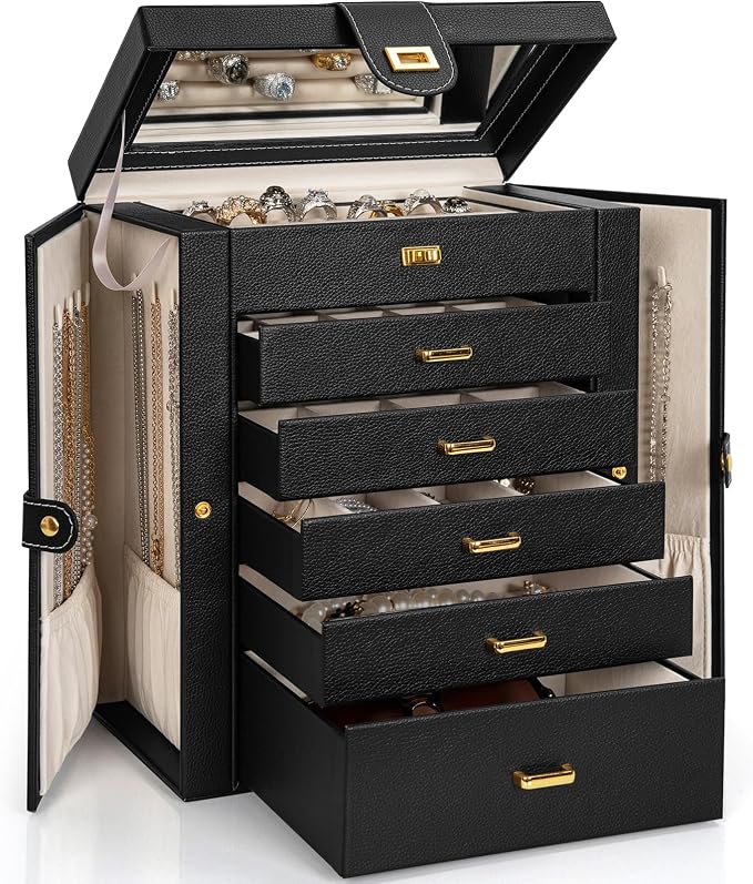 AKOZLIN Jewelry Box Organizer Functional Leather Jewelry Storage Case for Women Girls Ring Necklace Earring Bracelet Holder Organizer with Mirror Black by AKOZLIN