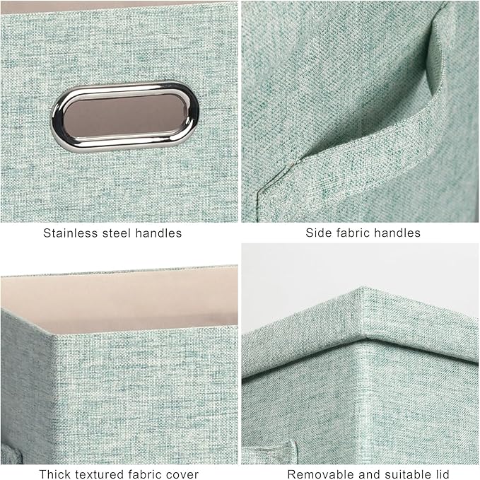 Graciadeco Large 17" 36 Quart Collapsible Stackable Storage Bins with Lids, 3 Packs Light Green Linen Fabric Closet Boxes with Lids, Storage Cube Baskets Container Organizers for Office (17x12x11) - Image 7