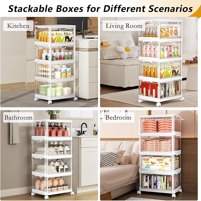 SNSLXH Portable Clear Storage Bins with Lid & Wheels, 24QT Clear Storage Bins with Lid, 4-Tier Plastic Bins with Wheels, Stackable, Magnetic Doors, for Bedroom, Living Room, Office - Image 7
