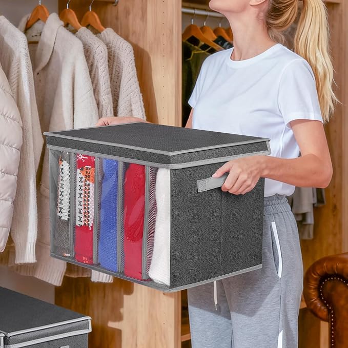 Zilink Upgraded Sweater Organizer for Shelf with Lids and Support Boards Clothes Organizer for Closet with 5 Grids Divider Sweater Storage Bins for Sweaters, Jeans, Pants, Black Pattern, 3 Pack - Image 4