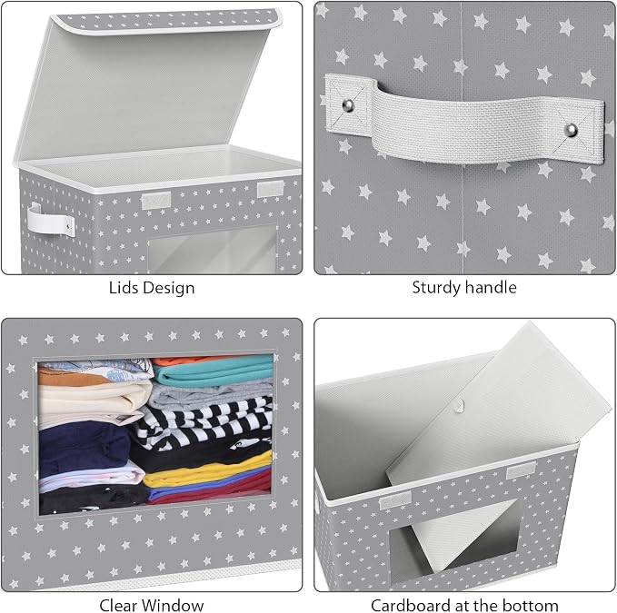 Univivi Fabric Foldable Storage Boxes [4-Pack] Large Collapsible Stackable Storage Bins with Lids, Closet Organizers and Storage Cube Basket for Home, Office, Bedroom (Gray Star, 17”x 12” x 12”) - Image 4