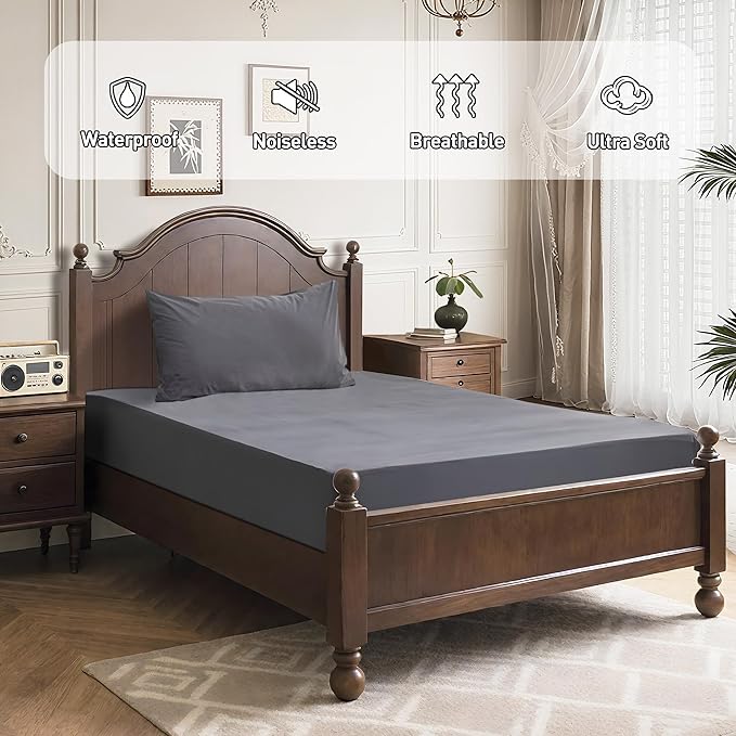 Queen Mattress Protector Waterproof Mattress Cover with 18" Deep Pocket Bed Cover, Fitted Sheet Style Noiseless Breathable Machine Washable, Dark Gray (60'' X 80'')