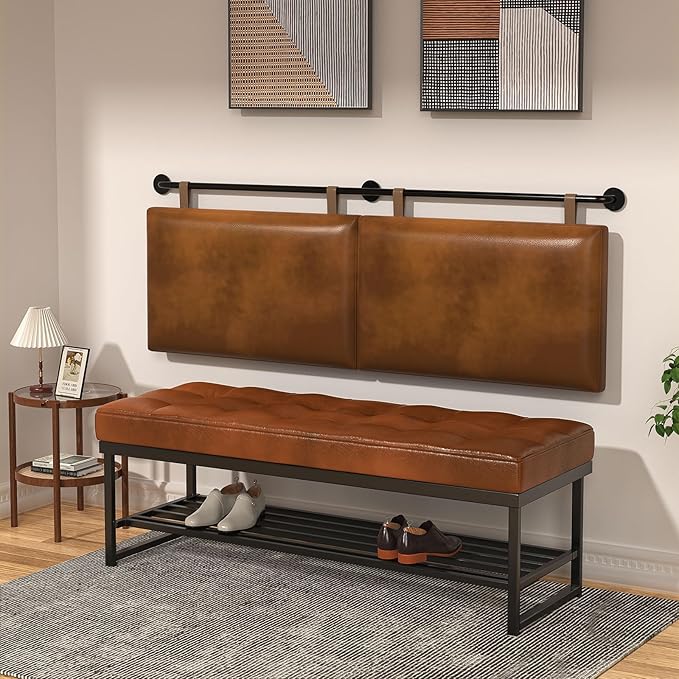 BSHOMGI Queen Headboard, Hanging Headboards with Brown Faux Leather Industrial Pipe Modern Style Only for Bed Backboard Headboards for Queen Size Bed