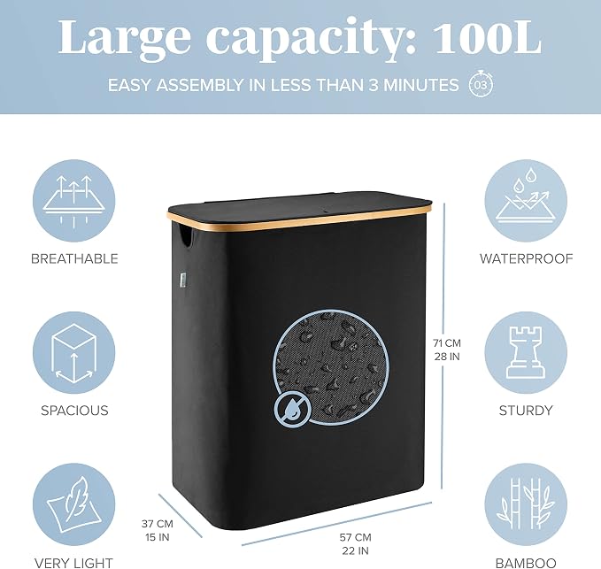 LONBET Laundry Basket with Lid, Made from Breathable Fabric | Aesthetic Clothes Hampers for Laundry with Side Handles & Sturdy Bamboo Frame (40 Gallons - Double, Black) - Image 3