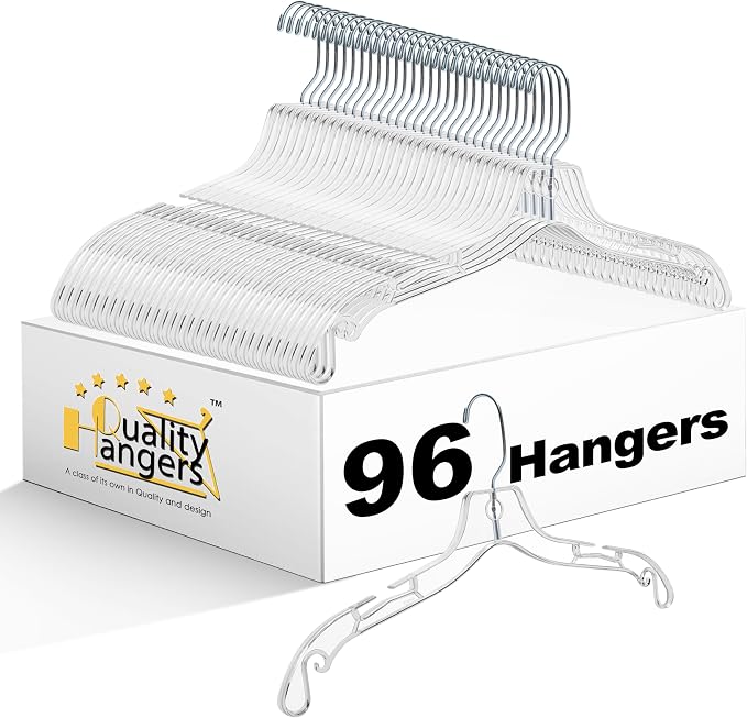 Quality Clear Hangers 12 Pack - Crystal Hangers for Clothes - Durable Plastic Hanger Set - Invisible Dress for Suits - Heavy Duty - Nonslip Coat and Shirt (Clear, 96 Pack) by QualityHangers