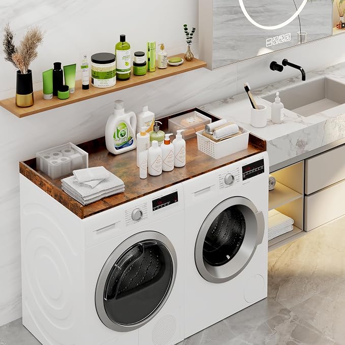 efluky Washer Dryer Countertop, Wood Countertop with Edge Rails for Laundry Room Organization and Storage, Washer Dryer Topper for Laundry Room, 27.5" x 54" Rustic Brown - Image 4