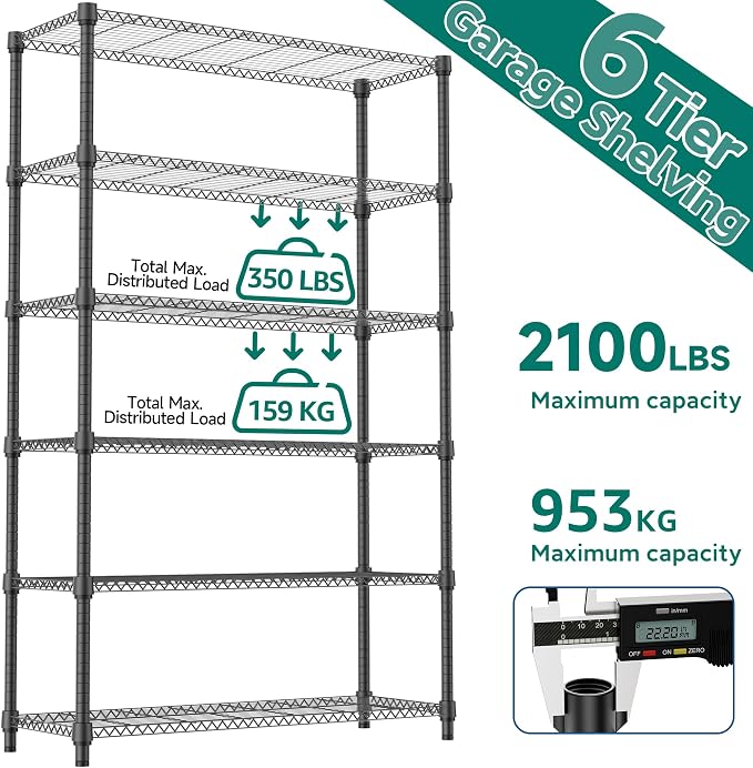 M MZG 2100LBS 47.2" W 6 Tiers Shelf Storage Shelves Metal Shelving Unit Heavy Duty Garage Shelving Adjustable Wire Shelves for Pantry,Kitchen,Garage,Basement,Black 17.7" D x 47.2" W x 82.4" H - Image 8
