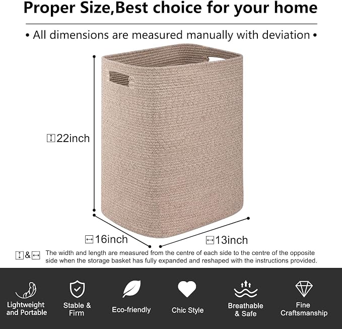 OIAHOMY Laundry Hamper, Rectangle Cotton Laundry Basket with Handles, Large Blanket Basket for Living room, Woven Decorative Storage for Toys,Clothes,Pillows-16x13x22in-Brown variegated - Image 3