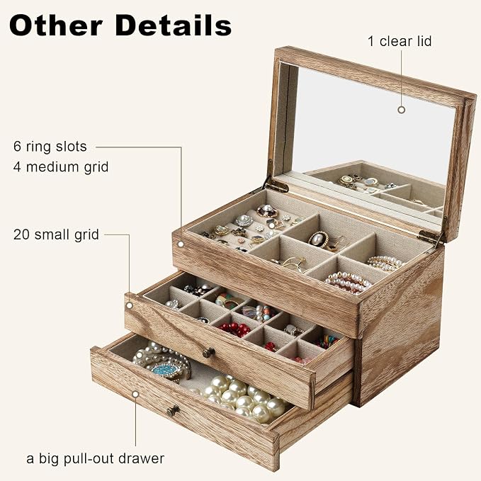 Meangood Jewelry Box Organizer for Women, 3 Layer Large Jewelry Storage Case, Rustic Wooden Jewelry Box with Mirror & Ring Tray for Necklace Earring Bracelets Rings, Vintage Style (Carbonized Black) - Image 3