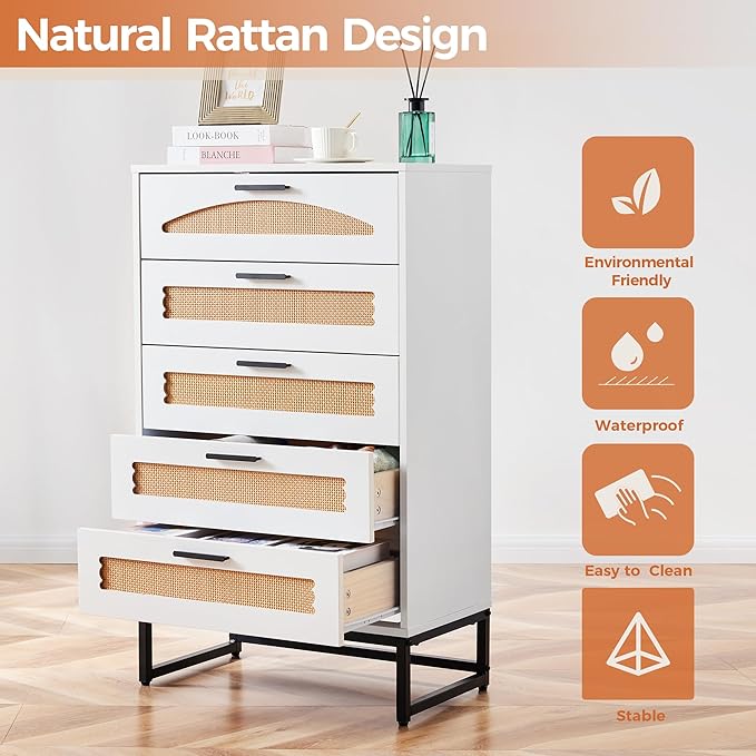 Mericonia 5 Drawer Rattan Dresser for Bedroom, Wood Tall Dresser for Closet with Metal Handles, Boho Nightstand Sets, Dressers & Chests of Drawers for Bedroom, Hallway and Entryway, White