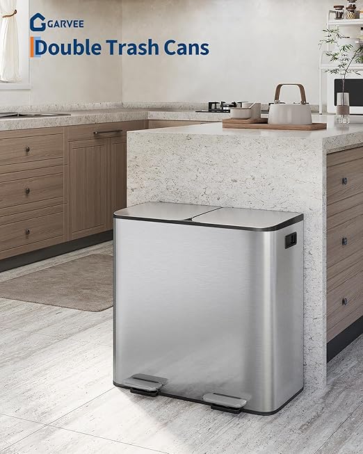 GarveeHome 2 x 10.6 gal Stainless Steel Double Trash Can with Lid for Kitchen, Large Dual Trash and Recycle Bin Combo, Step-on Kitchen Metal Garbage Cans, PP Inner Buckets, Liner Rim, Silver - Image 2