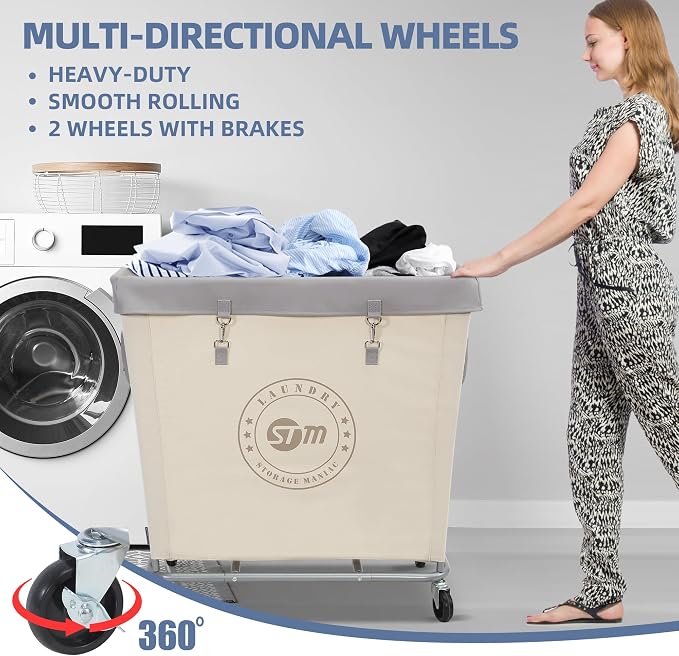 STORAGE MANIAC Commercial Laundry Hamper with Heavy Duty Steel Frame, 320 L Industrial Laundry Basket Cart with Wheels for Hotel, Home, Laundry Room, 31.7''L x 19.3''W x 30.91''H, Large Beige - Image 4