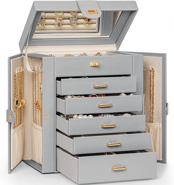 AKOZLIN 6-Tier Jewelry Box Organizer Functional 5 Drawers Leather Jewelry Storage Case for Women Girls Ring Necklace Earring Bracelet Holder Organizer with Mirror Grey by AKOZLIN