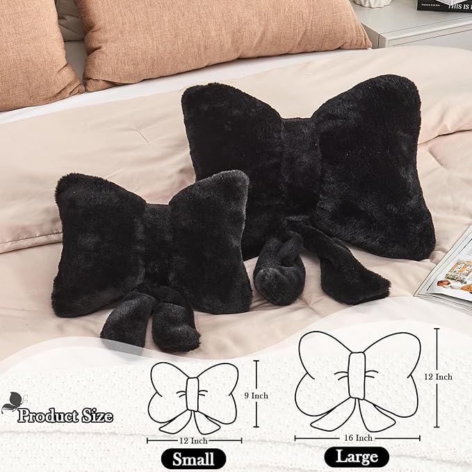 XVTRU Black Bow Pillow, Soft Bow Decorative Pillows with Faux Rabbit Fur, Cute 12" Bow Throw Pillows, Aesthetic Home Decor Bow Shaped Plush Pillow for Bedroom Sofa Couch