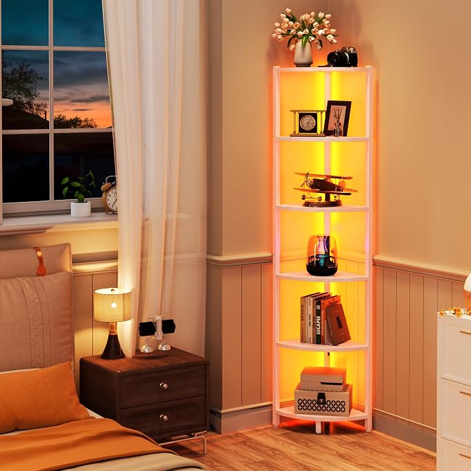 Corner Shelf with LED Lights, 6-Tier Corner Bookshelf, 66'' Organizer Book Shelf Shelves Steel Frame Display Stand with Living Room, Bedroom, Study, White - Image 5