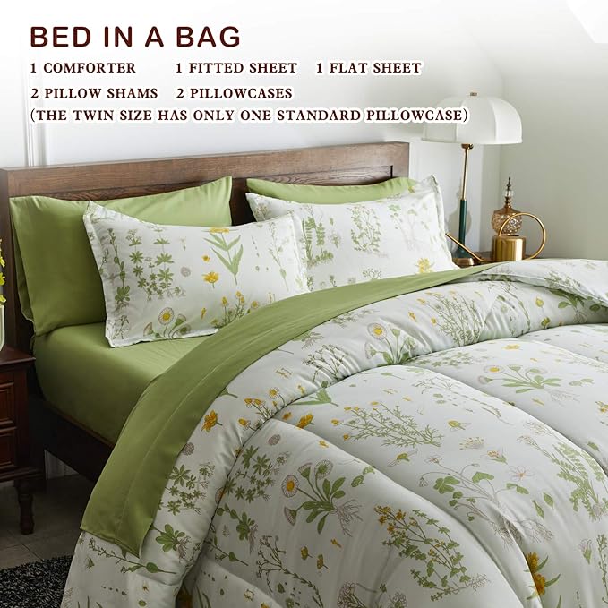 Joyreap 7 Piece Bed in a Bag King, Green Leaves Yellow Flower Botanical Design, Smooth Soft Microfiber Comforter Set (1 Comforter, 2 Pillow Shams, 1 Flat Sheet, 1 Fitted Sheet, 2 Pillowcases)