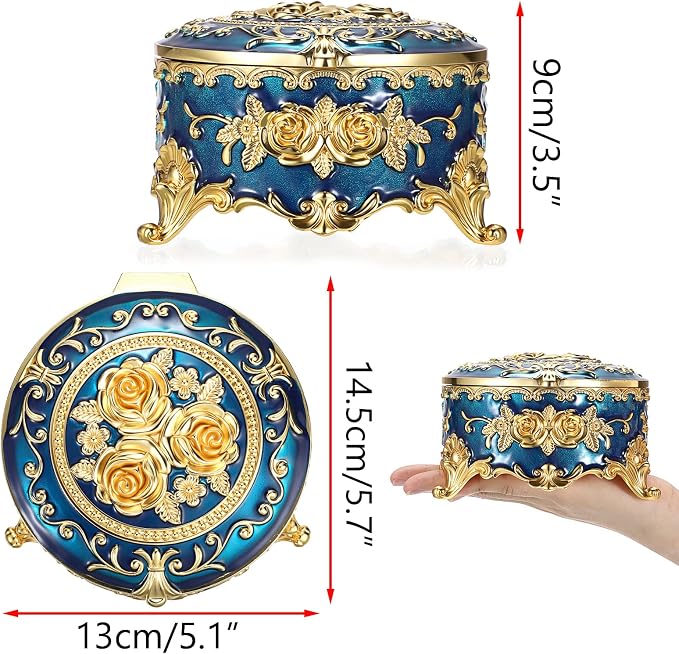 Hipiwe Vintage Jewelry Box Metal Keepsake Box Round Treasure Storage Case for Ring Earrings Necklace Holder Wedding Birthday Gift for Woman, Blue, 5.7" L x 5.1" W x 3.5" H - Image 3