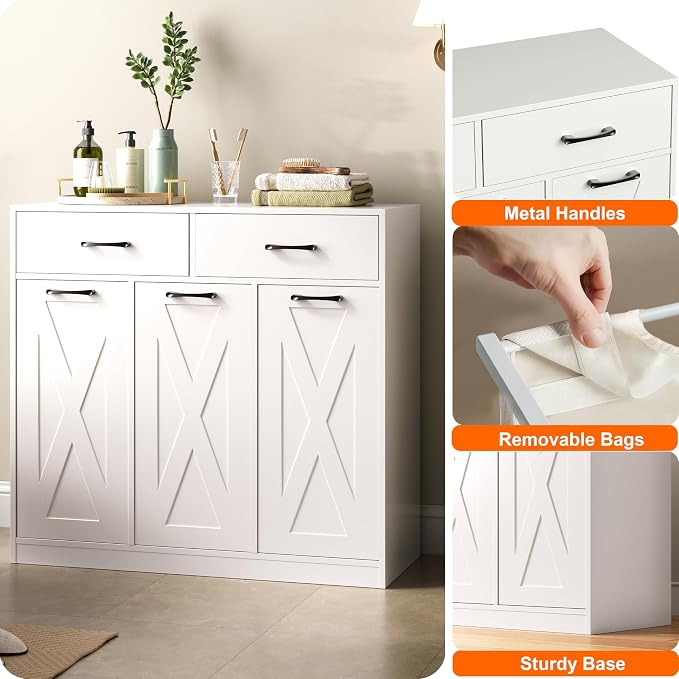 Herture Laundry Hamper Cabinet, Laundry Basket 3 Section with 2 Storage Drawers, Laundry Sorter with Pull-Out Removable Large Bags, 3 x 15.87 Gallons (60L), for Laundry Room Bathroom, White YL01XLW - Image 4