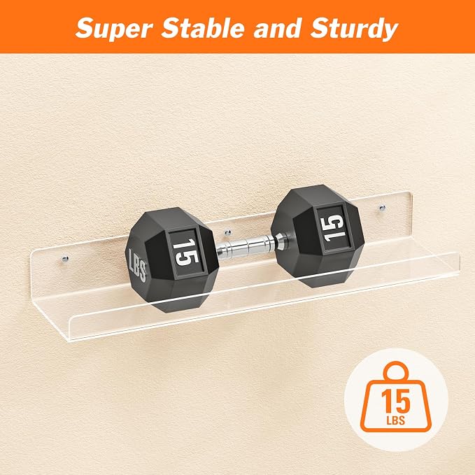 Dooiclear 6 Pack Floating Shelves for Wall, 15" Clear Book Shelf, Acrylic Floating Wall Shelf, Display Shelves Organizer for Bathroom, Classroom, Bedroom, Living Room, Kitchen, Room Decor - Image 4