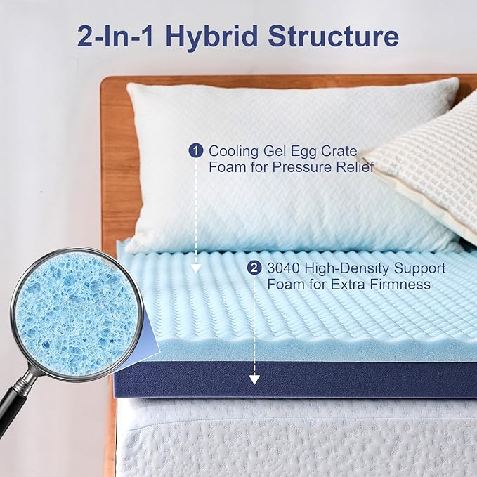 3 Inch California King Mattress Topper Reversible Extra Firm Support & Cooling Gel Egg Crate Memory Foam Large Bed Mattress Hardener
