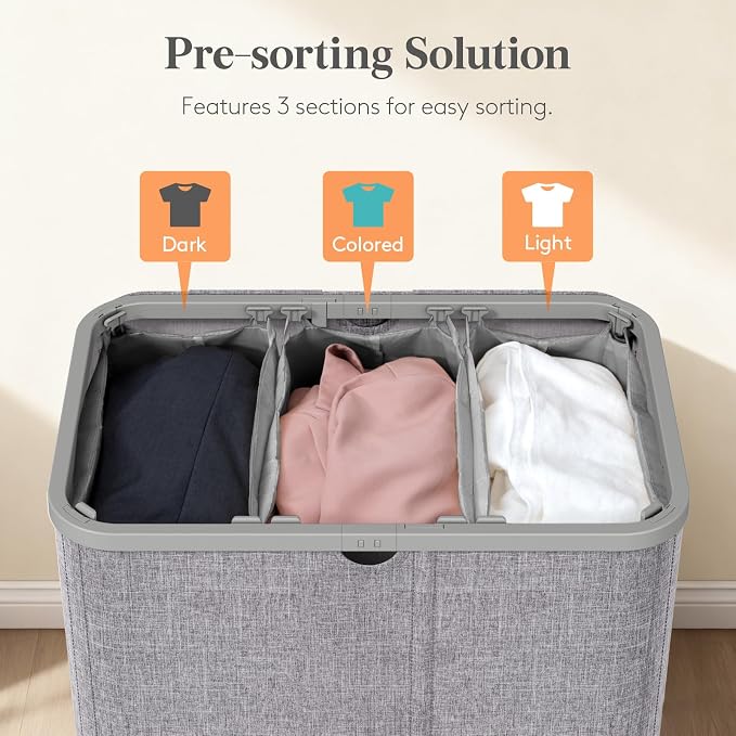 Lifewit 185L Large 3 Section Laundry Hamper with Lid, Plastic Laundry Basket with Bamboo Handles and Removable Bags, Tall Foldable Clothes Hamper for Bathroom Bedroom, Light Gray - Image 3