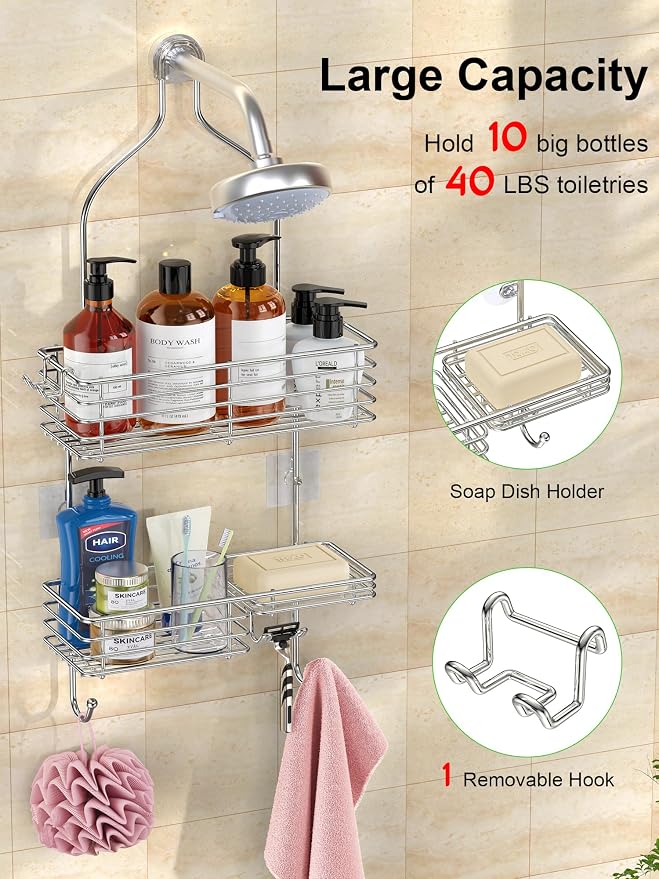 SMARTAKE Hanging Shower Head Caddy, Rustproof Bathroom Shower Shelf Organizer, SUS201 Stainless Steel Over The Storage Rack, for Toilet, Bathroom, Silver - Image 2