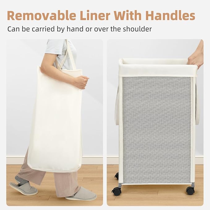 STORAGE MANIAC Laundry Hamper with Wheels, 90L (23.7 Gal) Large Tall Rolling Laundry Basket with Removable and Washable Liner Bag, Aesthetic Dirty Clothes Hamper for College, Dorm, Off-white - Image 5